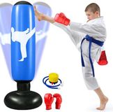 Unyqoos® Sac de frappe gonflable pour enfants, 160 cm, PVC renforcé, gants de boxe et pompe à air inclus, base stable (pour eau/sable), pour boxe, karaté et kick-boxing