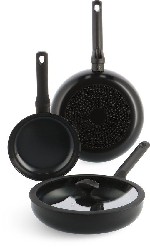 BK Enjoy Pannenset - Wok- en Hapjespan met deksel 28 cm - PFAS-vrij - Zwart - Koelgrepen