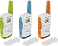 Motorola T42 multifunctionele radio, 3 stuks, bereik van 4 km, 16 kanalen, oplaadbaar, kleuren: blauw, groen, oranje