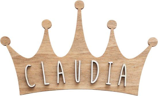 Houten naambordje met kroon - Landelijk - 10 x 17 cm - Hout / wit