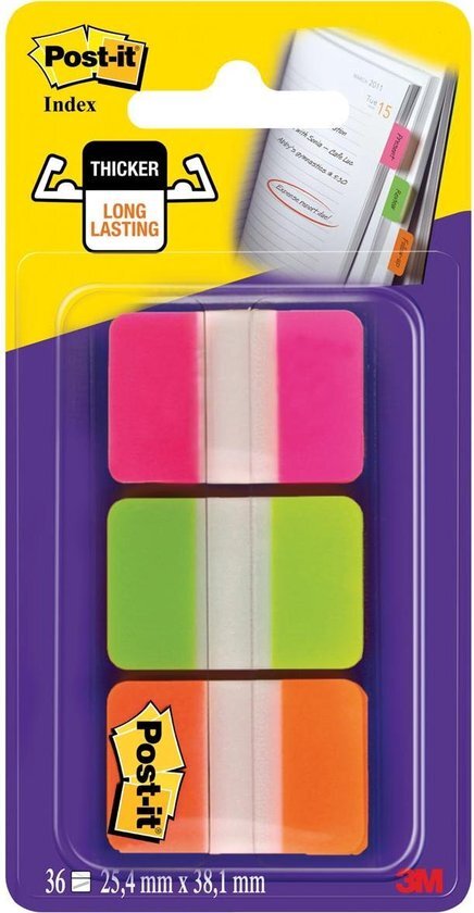 Post-it Index Strong ft 25 4 x 38 mm blister met 3 kleuren roze groen en oranje 12 tabs per kleur