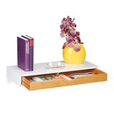 Relaxdays wandplank met lade, HxBxD: 8 x 60 x 24 cm, wandschap scandinavisch design, MDF, bamboe, wit/natuur
