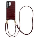 Selencia Hoesje - Samsung Galaxy S25 Ultra - Croco Backcover met koord en pashouder - Burgundy