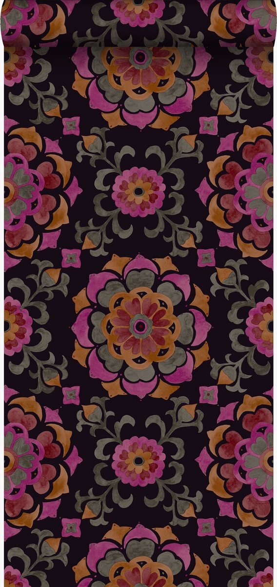 Origin Wallcoverings behang suzani bloemen zwart, oranje en roze - 347474 - 53 cm x 10,05 m