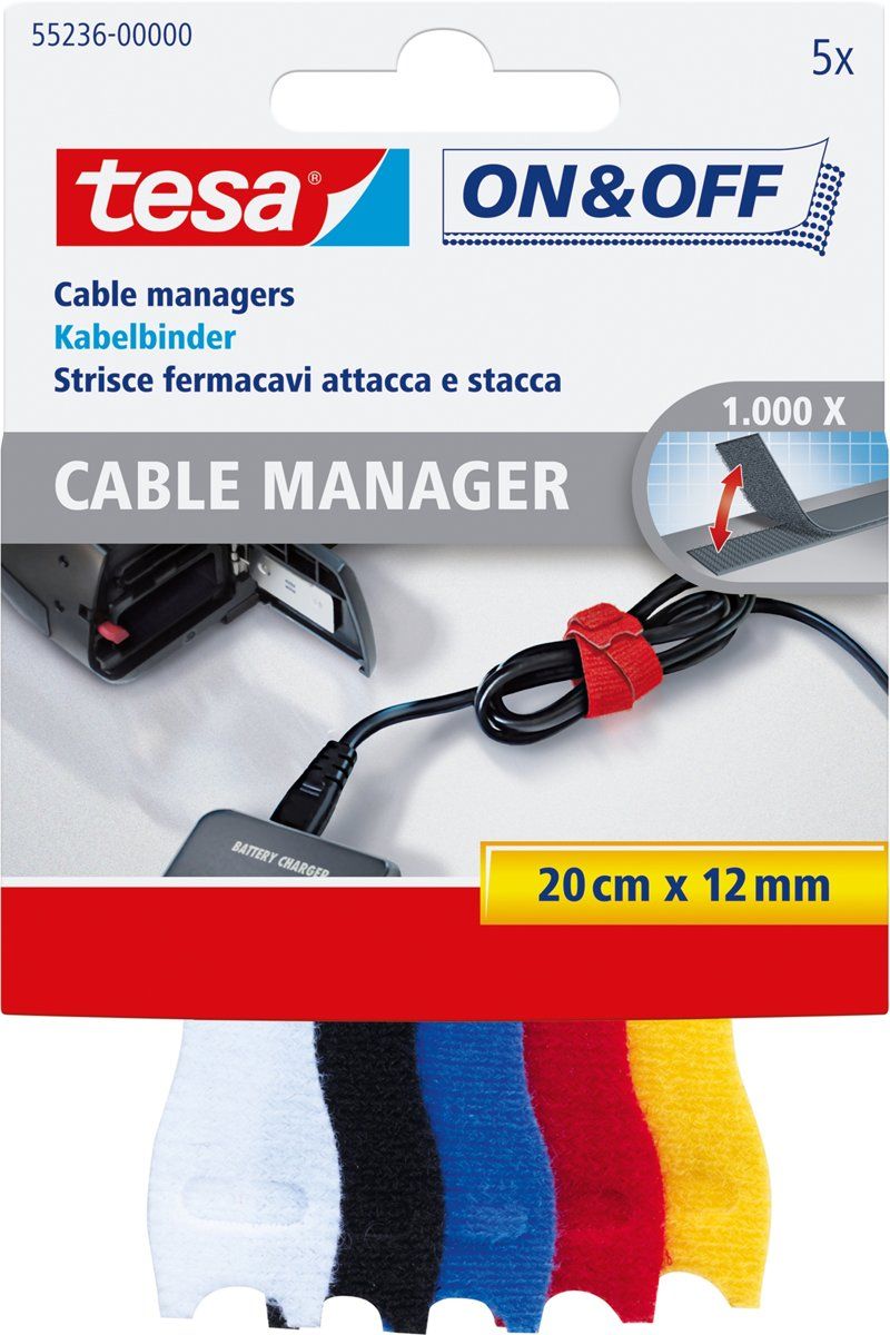 tesa On & Off - Kabelbinders - 12mm - 5 stuks - Zwart, Wit, Blauw, Geel, Rood