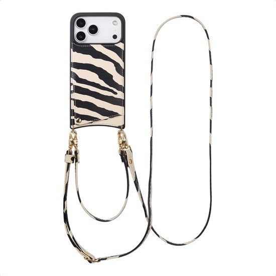Selencia Hoesje - Geschikt voor Apple iPhone 17 Pro Max - Backcover met koord en pashouder - Zazzy Zebra