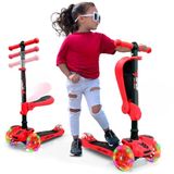 Hurtle Kinderstep, 3-wiel Step, Opvouwbare Scooter met Verstelbare Hoogte, Antislip Platform, LED Verlichte Wielen, Step voor Meisjes/Jongens van 2 tot 12 Jaar, Rood