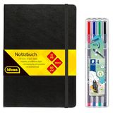 Idena 90328 - notitieboek DIN A5 met 192 pagina's, blanco, incl. 4 STAEDTLER Triplus fineliner met superfijne metalen punt, 0,3 mm