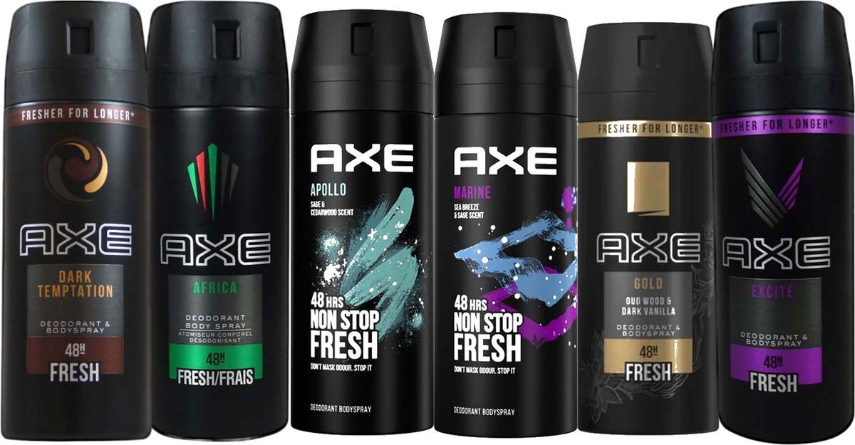 AXE Deodorant Spray 6 Stuks - Voordeelverpakking Deo - Dark Temptation - Africa - Apollo - Marine - Gold - Excite