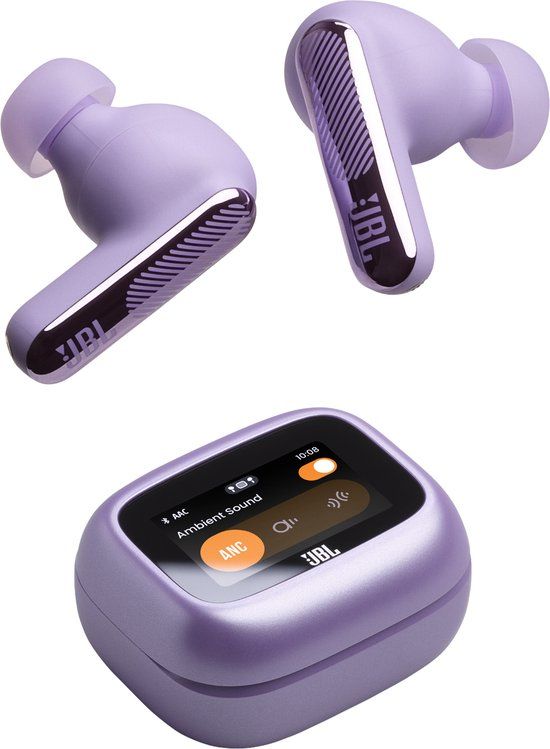 JBL Live Beam 4 – Draadloze Oordopjes met Noise Cancelling – Smart Case met Touchscreen – Draadloos Bluetooth Oordopjes – 48 uur – Waterdicht – IP55 - Paars