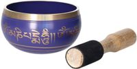 Gerimport Tibetaanse klankschaal met oosterse print - paars - met aanstrijkhout - messing - D12 x H7 cm - yoga/meditatie