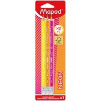 Maped - 3 grafietpotloden HB2 neon - FSC HB papierpotloden met gompunt - ergonomische driehoekige vorm - robuuste vulling