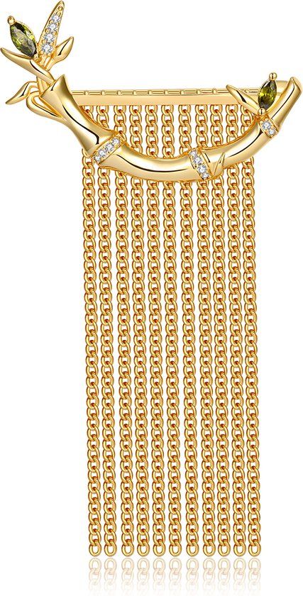 QoF 14k Gold Brooch Necklace with Green Swarovski Crystal - Chain Line