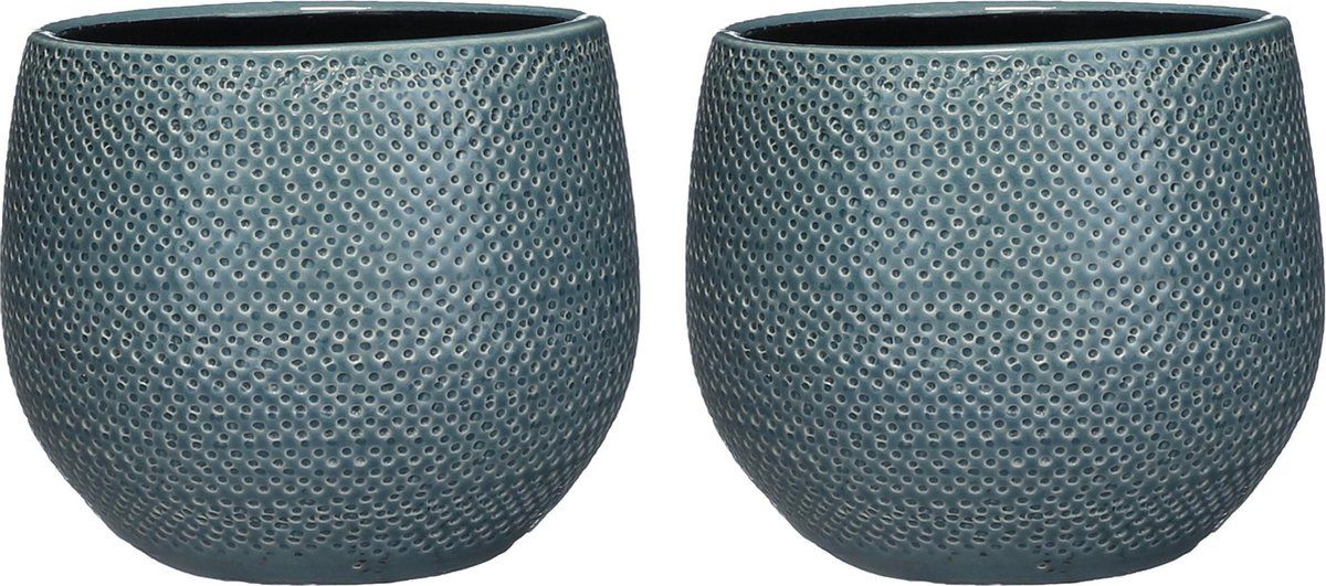 Mica Decorations Set van 3x keramiek bloempotten 16 x 18 cm geribbeld midnight blauw