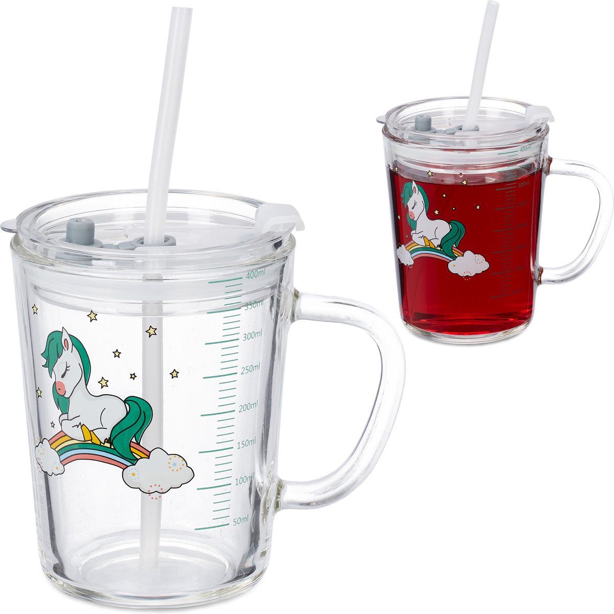 Relaxdays Drinkglazen - Set van 2 - Eenhoorn Design - Kinderglazen - Met Deksel - Transparant