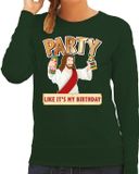 Bellatio Decorations Foute kersttrui - Jesus Party like it is my birthday - groen - voor dames - kerstkleding 2XL