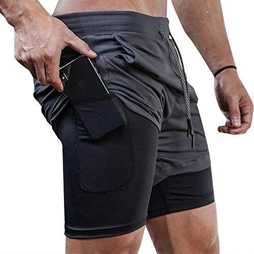 Superora 2-in-1 sportshorts voor heren, ademend, met zakken, voor outdoor, hardlopen, training, grijs.