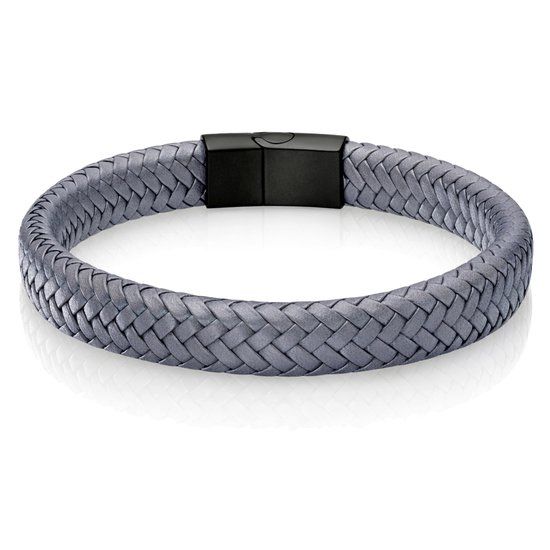 LGT JWLS Lookinggoodtoday Gevlochten Leren Armband Heren Edelstaal Sluiting Grijs Zwart-18.5cm
