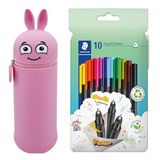 MARKY potloodetui in emoji-design in roze, zachte en slijtvaste silicone, incl. 10 STAEDTLER triplus fineliners 334, driehoekig, superfijne punt, ong. 0,3 mm, gemaakt van 97% gerecycleerd materiaal