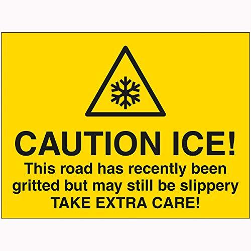 V Safety V Safety 7A130BR-RY VSafety Caution Ice This Road Has Recently Been Gritted But May Still Be Slippery Take Extra Care Sign 600 mm x 450 mm - 2 mm hard plastic, geel