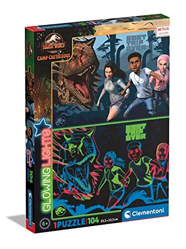 Clementoni Glowing Lights Collection-Jurassic World Camp Cretaceous, fluorescerend, 104 stukjes, Made in Italy, kinderen 6 jaar, cartoon-puzzel, meerkleurig, 27557