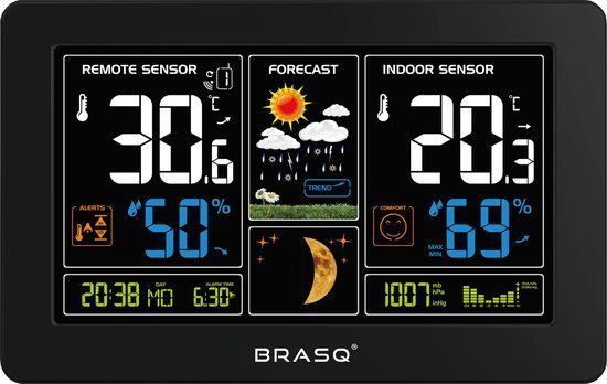 BRASQ Draadloos Weerstation Binnen & Buiten – Met Buitensensor – Weervoorspelling – Hygrometer & Barometer – Inclusief Batterijen