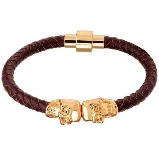 LGT JWLS LGT Jewels Leren armband Edelstaal Twin Skull Goudkleurig Bruin