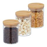 Relaxdays Voorraadpot met Bamboe Deksel, Set van 3, Glazen Opbergpot, 650 ml, Luchtdicht, Keuken, Transparant/Natuur