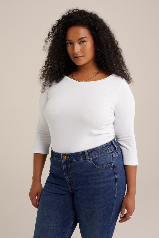 WE Fashion Dames T-shirt met driekwart mouwen - Curve - Wit - Maat 44