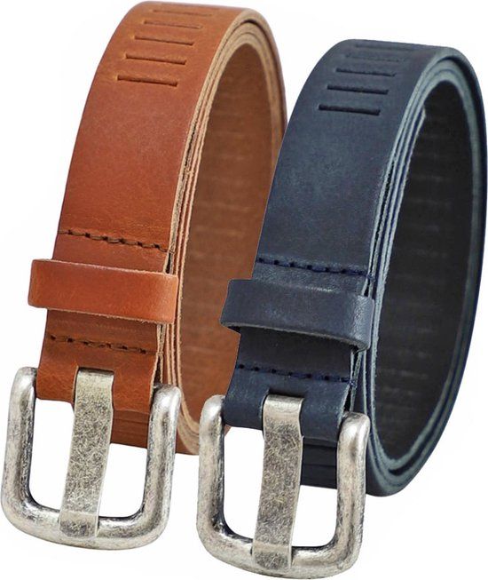 Landley Duopack leren riemen - 3 cm breed - Cognac & Blauw - 105 cm - Unisex
