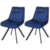 HWC-K24 Set van 2 eetkamerstoelen, gestoffeerde keukenstoel fauteuil met metalen frame in blauw fluweel