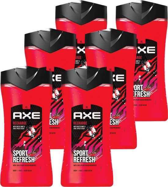 Axe 3-in-1 Douchegel, Facewash & Shampoo Mannen - Recharge Sport Refresh - 6 x 400 ml - Voordeelverpakking