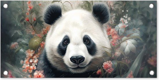 GreatGardenPosters Tuinposter Panda - Wilde dieren - Bloemen - Natuur - 60x30 cm - Tuindoek - Buitenposter