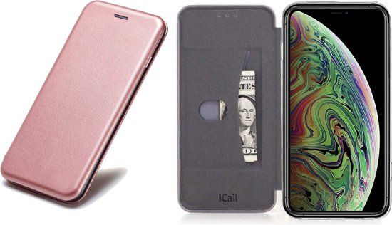 iCall Lederen Hoesje voor Apple iPhone Xs / X Rose Goud - Wallet Book Case Cover