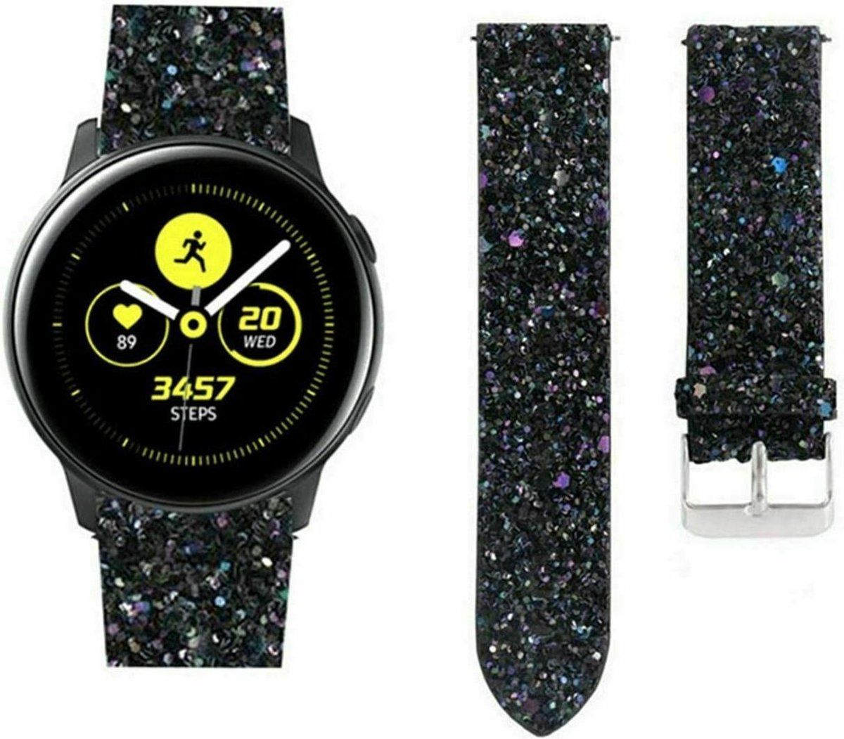 Strap-it Samsung Galaxy Watch Active leren glitter bandje - zwart