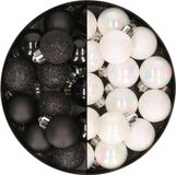 Boules de Noël 28x pièces petites boules de Noël en plastique noir et blanc nacré 3 cm