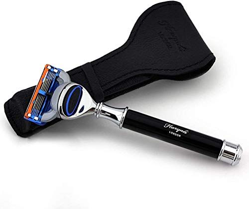 Haryali London Eersteklas scheermes met echt leren beschermhoesje - cadeau voor scheerliefhebbers