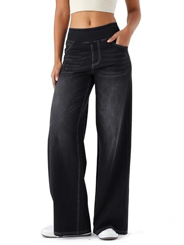 LaiEr Dames Jeans Broek met Wijde Pijpen, Baggy Denim Broek hoge taille en Meerdere Zakken, Rechte Buis, Losse Pasvorm, Hoge Elasticiteit Casual Vrouwen Jeans Met (DonkerGrijs,XXL)