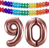 Folat Verjaardag Leeftijd folieballon - 90 jaar - rosé goud - 86 cm - cijferballon groot - incl 2x feestslingers