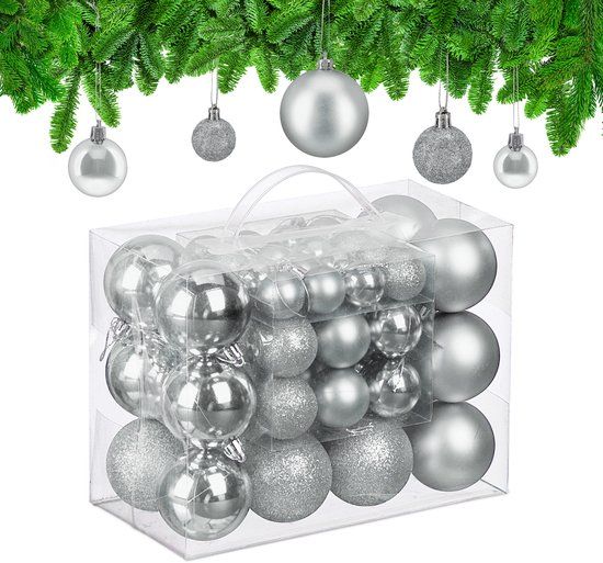 Relaxdays Kerstballen set van 50 - Ø 3, 4 en 6 cm - Kunststof - Zilver