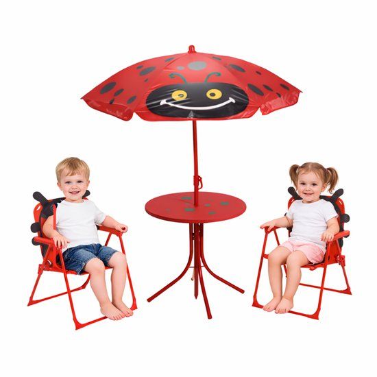 Pro Garden Tuinset Lieveheersbeestje - rood - polyester - verstelbare parasol - kinder tuinset - voor kinderen - dierenprint
