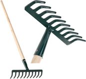 KADAX Hark van metaal, platte hark met steel van hout, bladbezem voor tuin, bloembed, bladbreken, gazonhark, groen, tuingereedschap, hooikoork, tuingereedschap, hark (10 tanden V2)