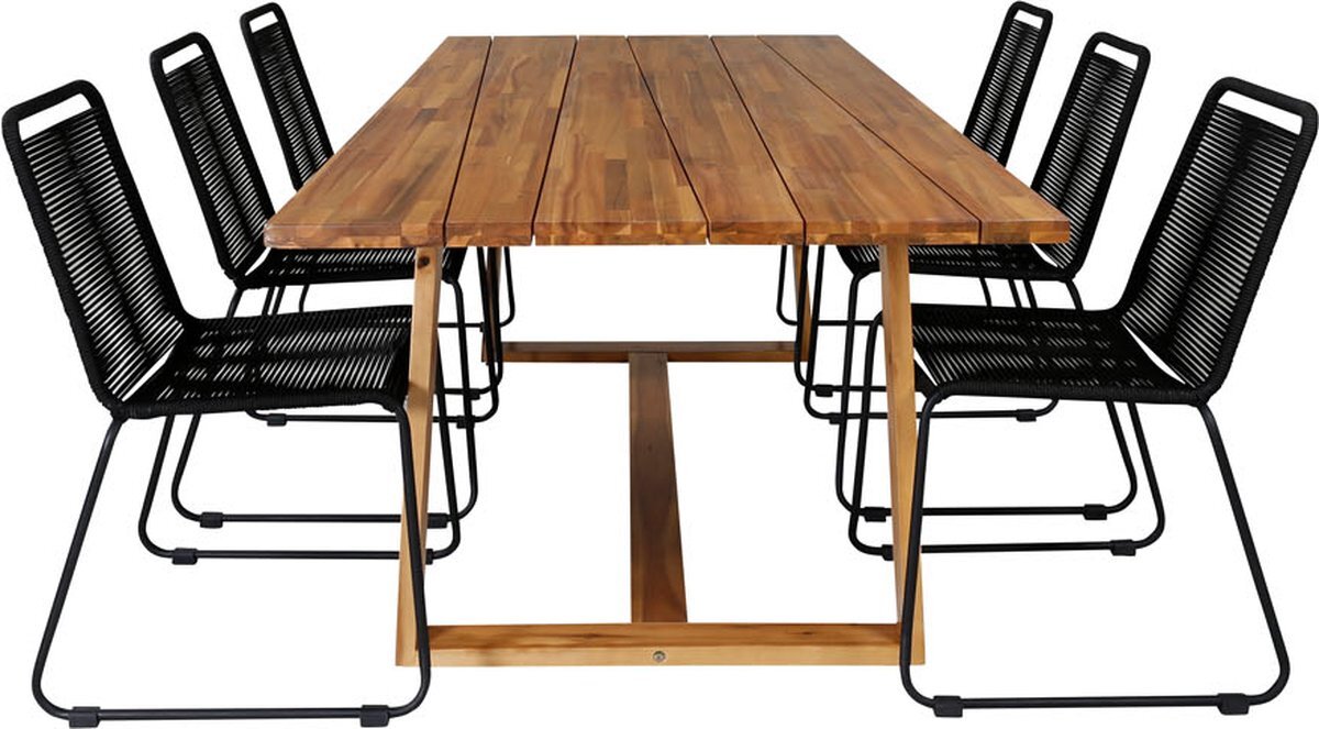 Hioshop Plankton tuinmeubelset tafel 100x220cm en 6 stoel stapelS Lindos zwart, naturel.