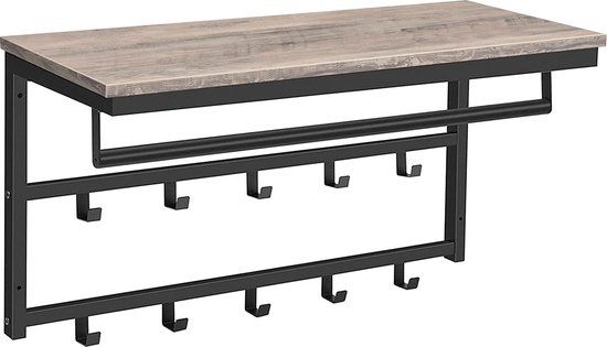 HOOBRO Wandgarderobe met plank, wandrek met 10 haken en stangen, greige-zwart