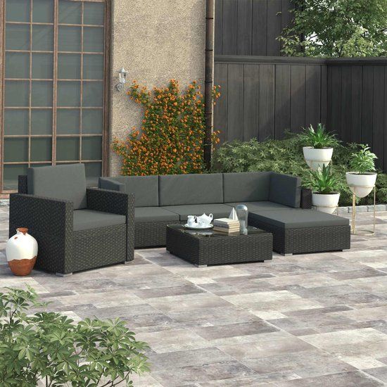 The Living Store Rattan Loungeset - Black - 6 Pieces
