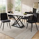 Fortuna Lai Eetgroep (5-delig), Uitschuifbare eettafelset voor 4 personen, eettafel 160×80×75 cm met 4 eetkamerstoelen, eetkamerstoelen van zwart fluweel, eettafel met witte marmerlook