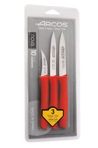 Arcos Set van 3 schilmesjes, roestvrijstalen messen en ergonomische handgrepen van polypropyleen, ideaal voor het snijden van fruit, groenten en knollen, rood, serie Nova
