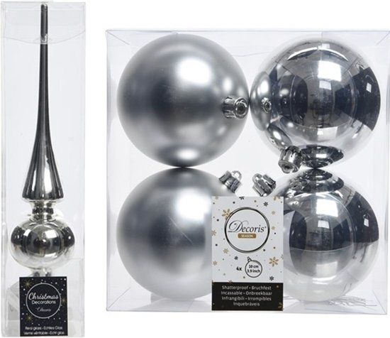 Decoris Kerstboom decoratie zilver piek en 4x kerstballen 10 cm