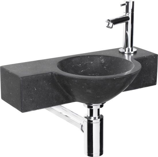 Differnz Teti Fonteinset - Natuursteen Bombai Black - Zwart - Rechte Kraan - Chroom - 40x23x8cm