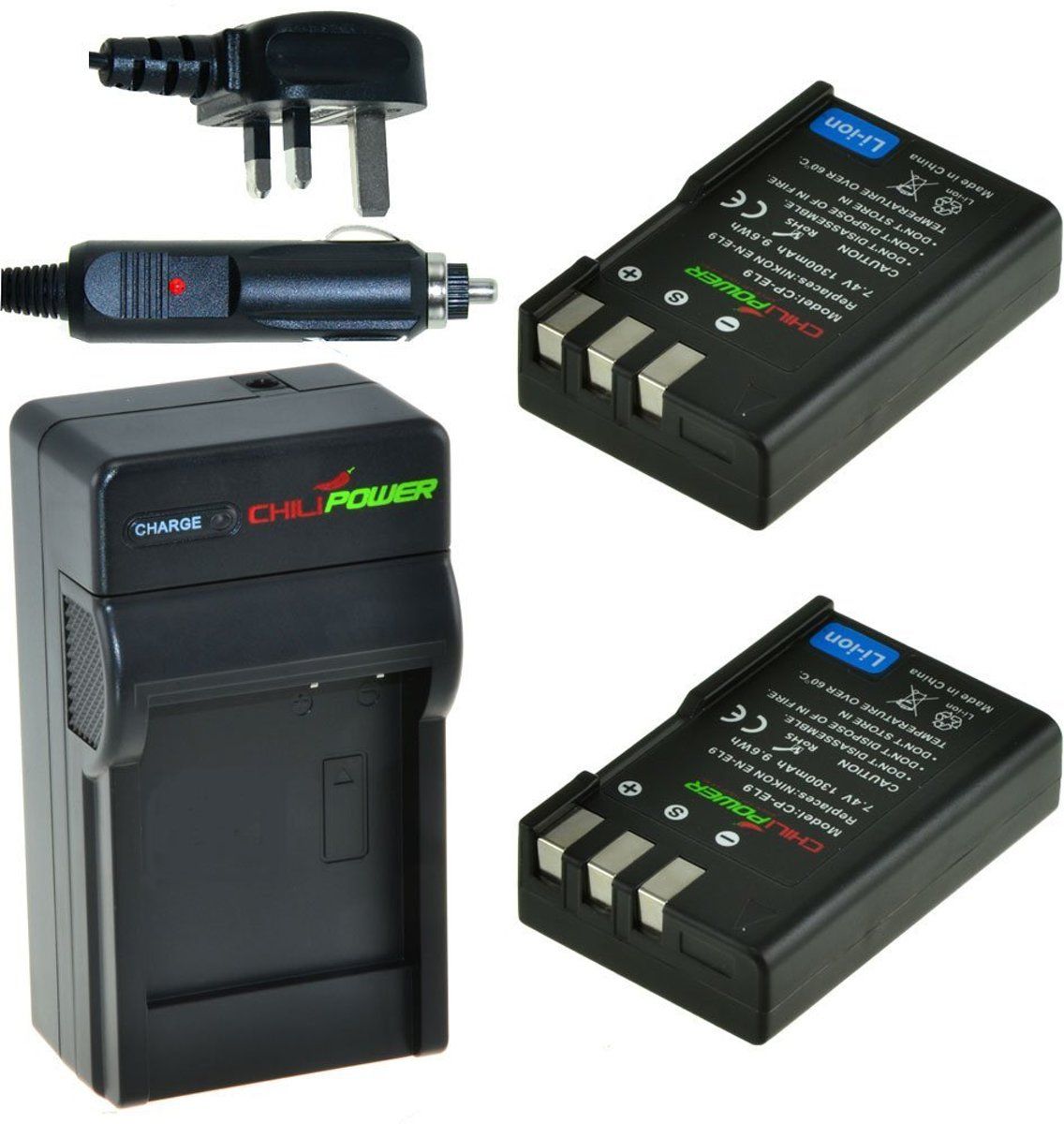 ChiliPower 2 x EN-EL9 accu's voor Nikon - Charger Kit + car-charger - UK version
